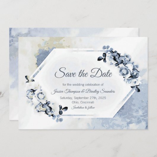 Rustic Dusty Blue Waterverf Floral Save The Date (Voorkant / Achterkant)