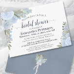 Rustic Dusty Blue Waterverf Floral Vrijgezellenfee Kaart<br><div class="desc">Deze mooie bruiddoucheuitnodiging is zowel roest als elegant. Het is voorzien van een handbeschilderd waterverf ontwerp met rozen, bloesems en groene tinten van stoffige blauw en sage green. De achterkant is een gemarmerde stalen blauwe of voetkleur met een mooie bouquet verbonden met een witte satijnlint en -boog. Het heeft details...</div>