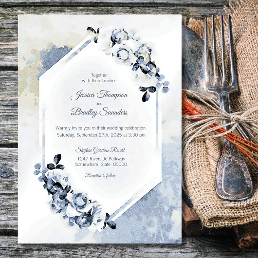Rustic Dusty Blue Waterverf Floral Wedding Kaart