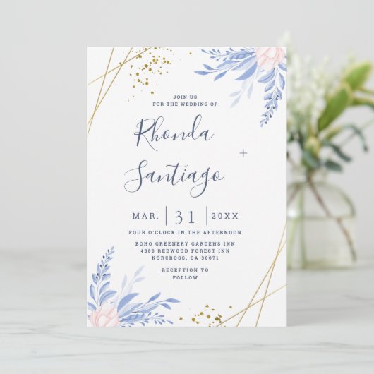 Rustic Dusty Blue Waterverf laat gouden bruiloft o Kaart (Staand voorkant)