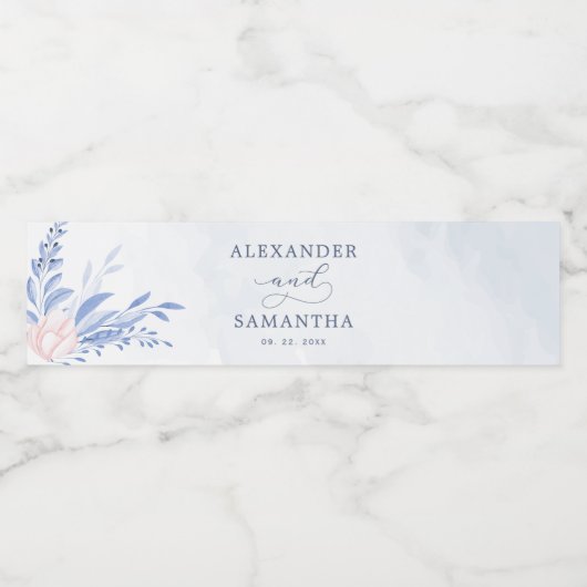 Rustic Dusty Blue Waterverf laat gouden bruiloft o Waterfles Etiket (Enkel label)