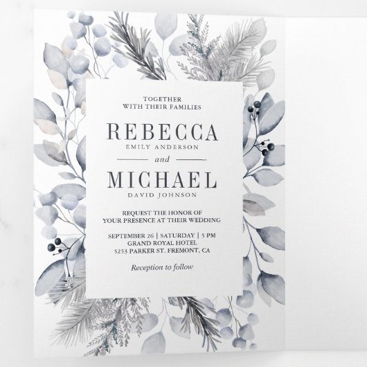 Rustic Dusty Blue Waterverf Leaves Winter Wedding Drieluik Uitnodiging (Binnenzijde eerst)