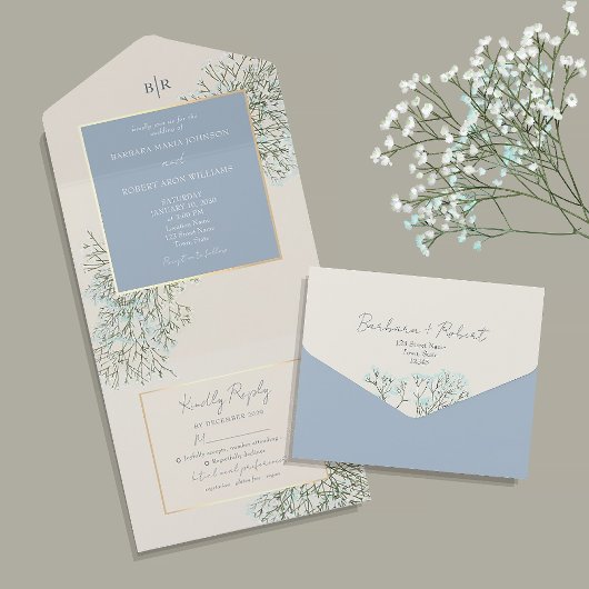 Rustic Dusty Blue Wedding All In One Uitnodiging