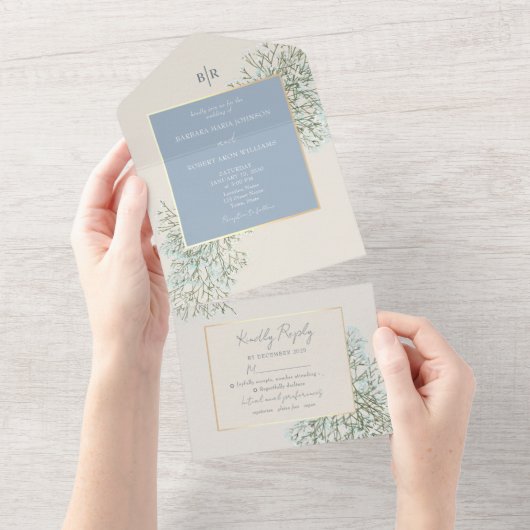 Rustic Dusty Blue Wedding All In One Uitnodiging (Afscheurbaar)