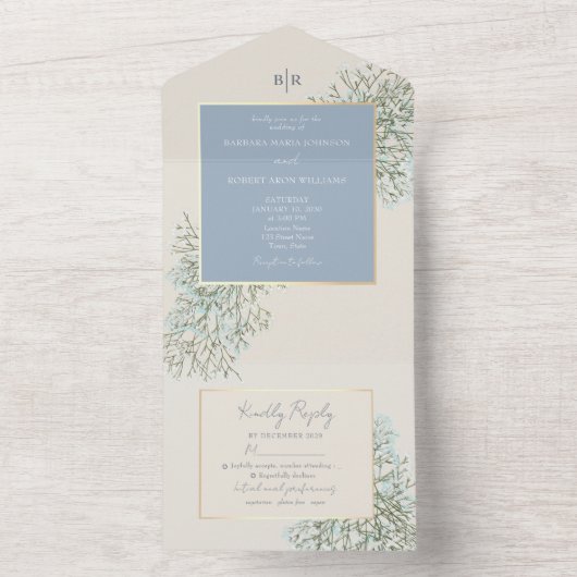 Rustic Dusty Blue Wedding All In One Uitnodiging (Binnen)