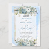 Rustic Dusty Blue White Gold Floral Wedding Invite Kaart (Voorkant)