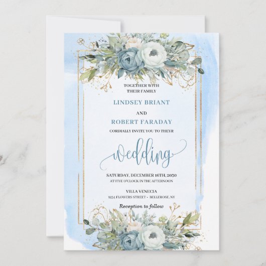 Rustic Dusty Blue White Gold Floral Wedding Invite Kaart (Voorkant)