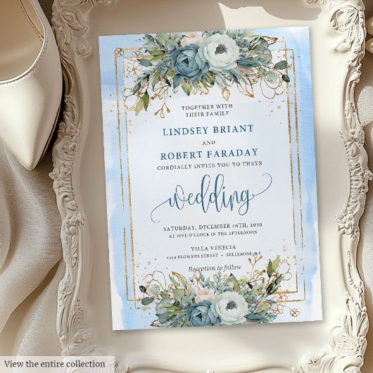 Rustic Dusty Blue White Gold Floral Wedding Invite Kaart