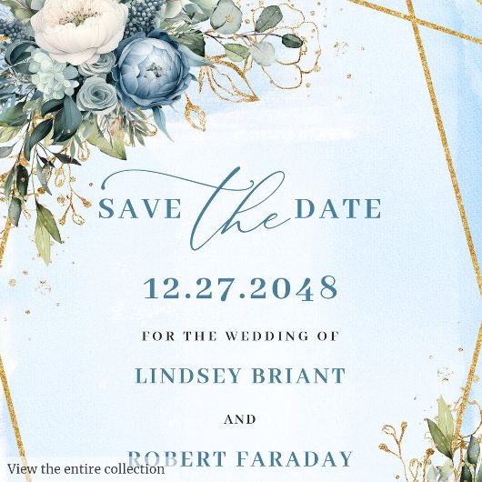 Rustic Dusty Blue White Gold Peonies Save The Date Kaart