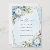Rustic Dusty Blue White Gold Peonies Save The Date Kaart (Voorkant)