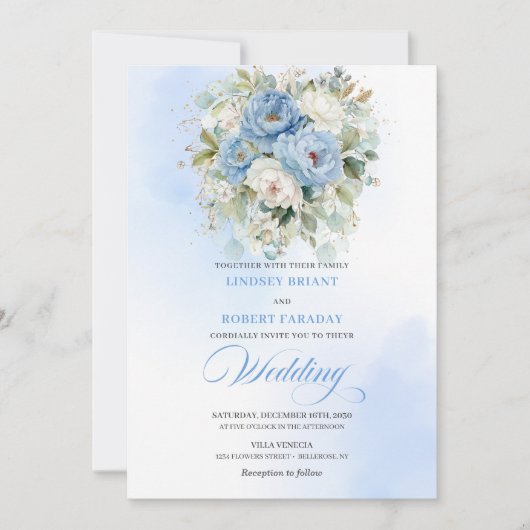Rustic Dusty Blue White Peony Gold Wedding Invite Kaart (Voorkant)