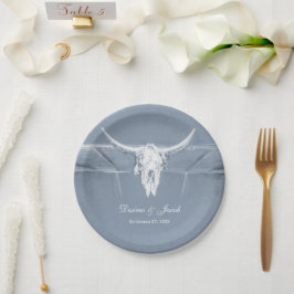 Rustic Dusty Blue White Westerne Koe Skull Wedding Papieren Bordje