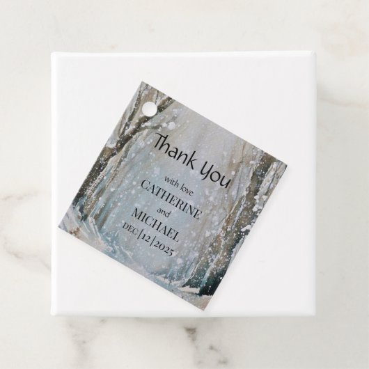 Rustic Dusty Blue Winter Forest Waterverf Wedding Bedankjes Labels (In situ)