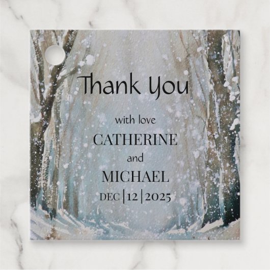 Rustic Dusty Blue Winter Forest Waterverf Wedding Bedankjes Labels (Voorkant)