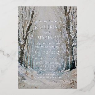 Rustic Dusty Blue Winter Forest Waterverf Wedding Folie Uitnodiging