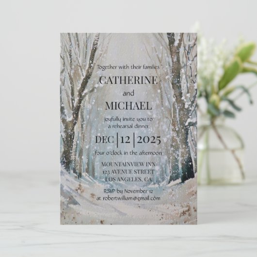 Rustic Dusty Blue Winter Forest Waterverf Wedding Kaart (Staand voorkant)