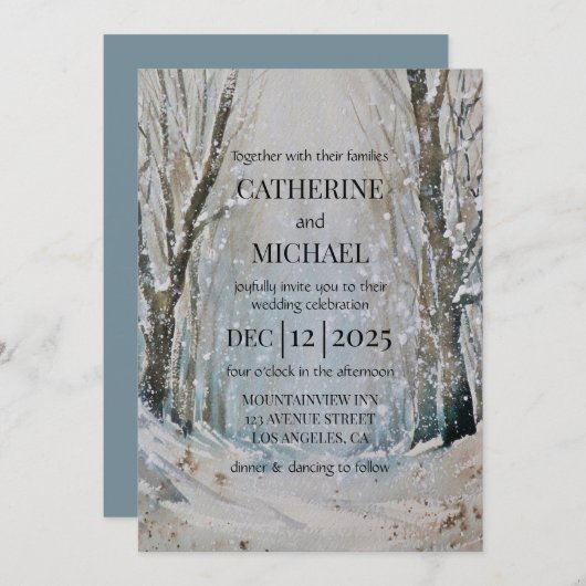 Rustic Dusty Blue Winter Forest Waterverf Wedding Kaart (Voorkant / Achterkant)