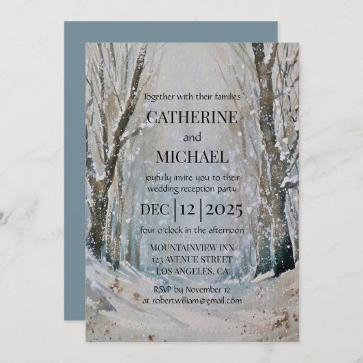 Rustic Dusty Blue Winter Forest Waterverf Wedding Kaart (Voorkant / Achterkant)