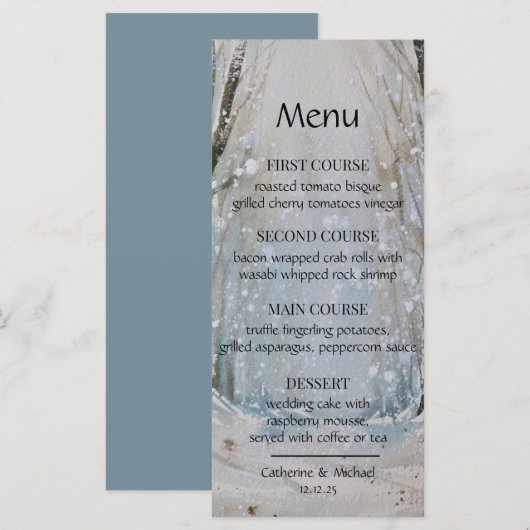 Rustic Dusty Blue Winter Forest Waterverf Wedding Menu (Voorkant / Achterkant)