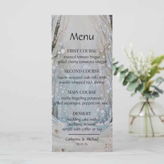 Rustic Dusty Blue Winter Forest Waterverf Wedding Menu (Staand voorkant)
