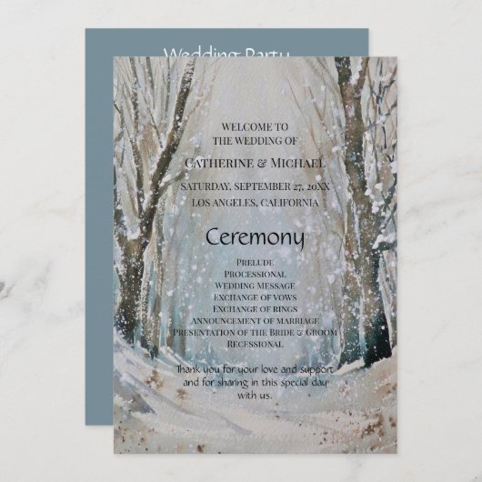 Rustic Dusty Blue Winter Forest Waterverf Wedding Programmakaart (Voorkant / Achterkant)