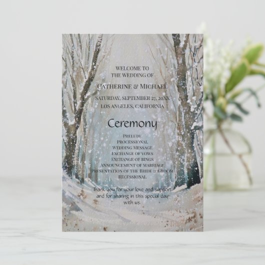 Rustic Dusty Blue Winter Forest Waterverf Wedding Programmakaart (Staand voorkant)