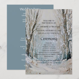 Rustic Dusty Blue Winter Forest Waterverf Wedding Programmakaart