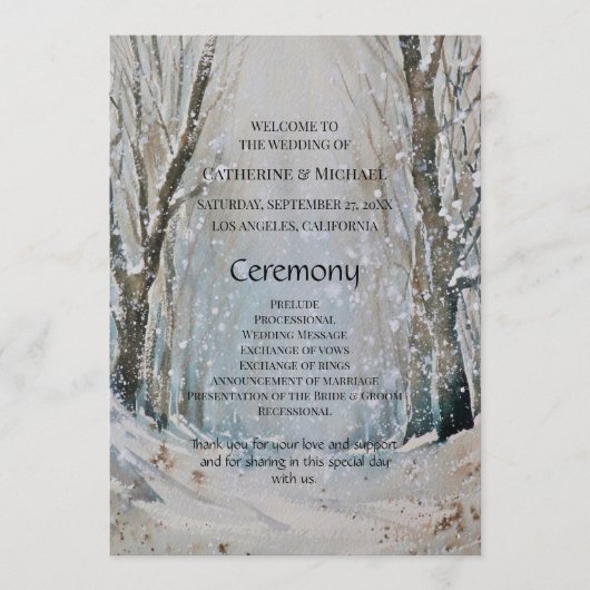 Rustic Dusty Blue Winter Forest Waterverf Wedding Programmakaart (Voorkant)