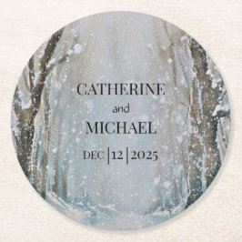Rustic Dusty Blue Winter Forest Waterverf Wedding Ronde Kartonnen Onderzetter