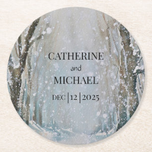 Rustic Dusty Blue Winter Forest Waterverf Wedding Ronde Kartonnen Onderzetter