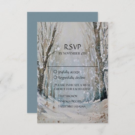 Rustic Dusty Blue Winter Forest Waterverf Wedding RSVP Kaartje (Voorkant / Achterkant)