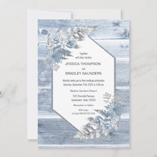 Rustic Dusty Blue Wood Botanical Wedding Kaart (Voorkant)