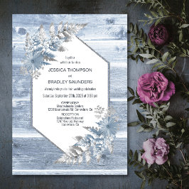 Rustic Dusty Blue Wood Botanical Wedding Kaart