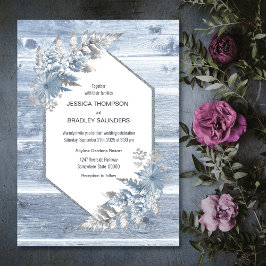 Rustic Dusty Blue Wood Botanical Wedding Kaart