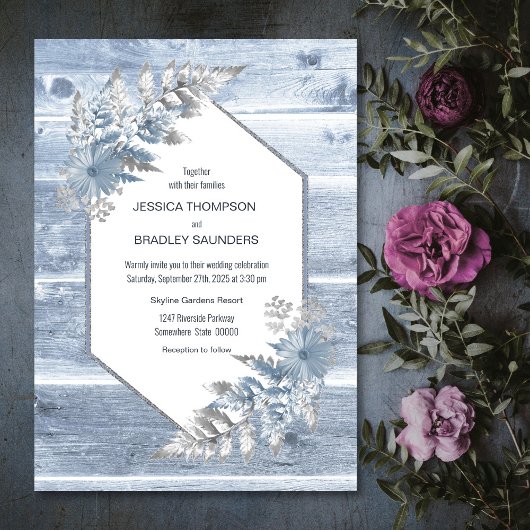 Rustic Dusty Blue Wood Botanical Wedding Kaart