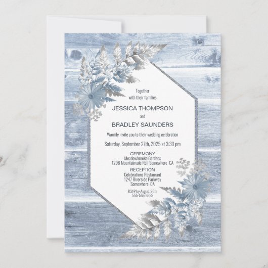 Rustic Dusty Blue Wood Botanical Wedding Kaart (Voorkant)