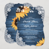 Rustic Dusty Blue Wood Lace Sunflower Wedding Kaart (Voorkant / Achterkant)