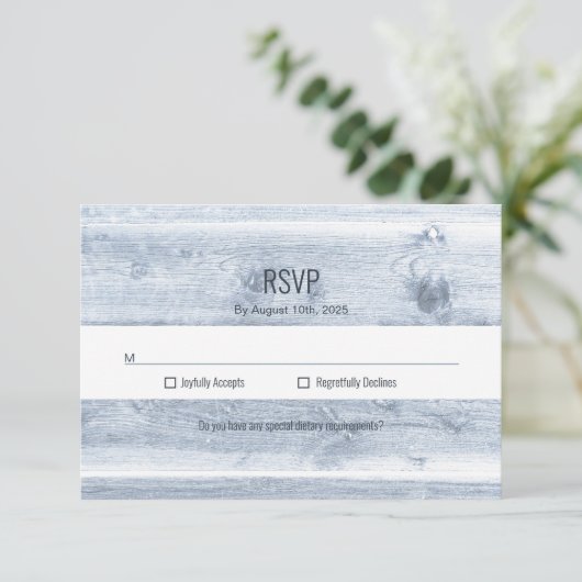 Rustic Dusty Blue Wood Wedding RSVP (Staand voorkant)