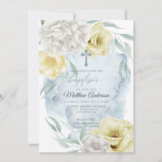 Rustic Dusty Blue Yellow Floral BAPTISM Kaart (Voorkant)