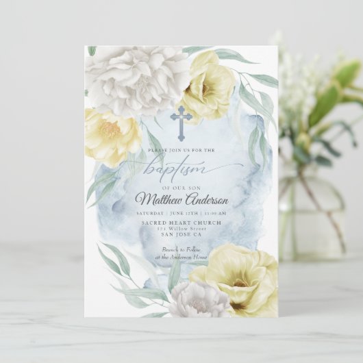 Rustic Dusty Blue Yellow Floral BAPTISM Kaart (Staand voorkant)