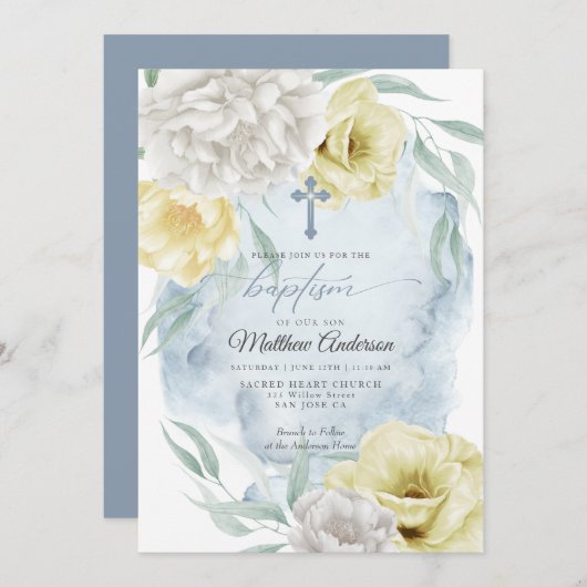 Rustic Dusty Blue Yellow Floral BAPTISM Kaart (Voorkant / Achterkant)