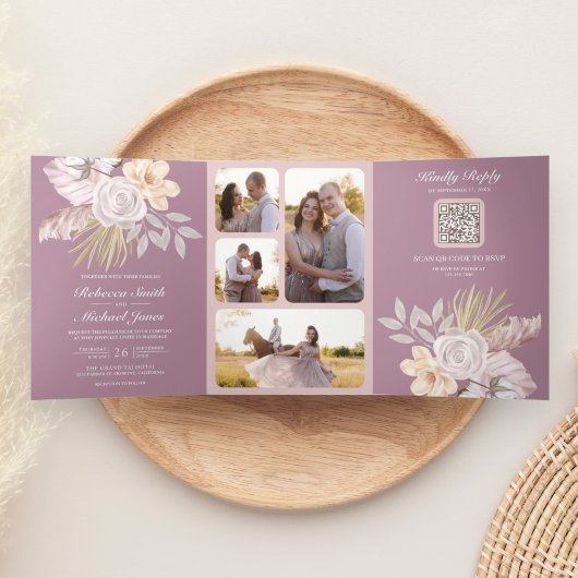 Rustic Dusty Mauve Pink Floral QR Code Weddenschap Drieluik Uitnodiging