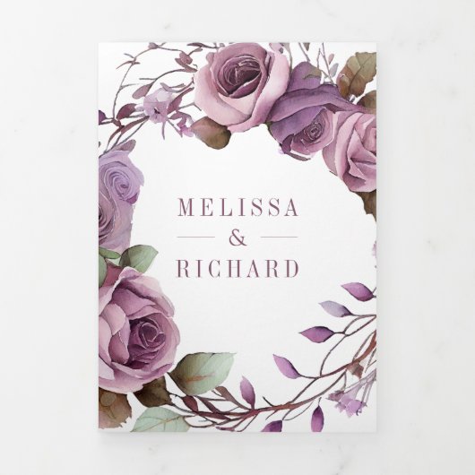 Rustic Dusty Paars Floral QR Code Weddenschap Drieluik Uitnodiging (Cover)