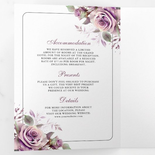 Rustic Dusty Paars Floral QR Code Weddenschap Drieluik Uitnodiging (Binnenzijde eerst)