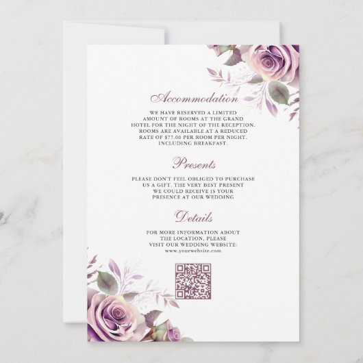 Rustic Dusty Paars Floral QR Code Weddenschap Kaart (Achterkant)