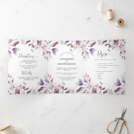 Rustic Dusty Paars Mauve Pink Floral Wedding Drieluik Uitnodiging (Binnen)