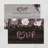 Rustic Dusty Paars Roos Floral op donker hout RSVP Kaartje (Voorkant / Achterkant)