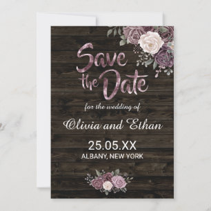 Rustic Dusty Paars Roos Floral op donker hout Save The Date