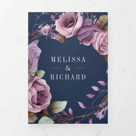 Rustic Dusty Paarse Floral Navy QR Code Weddenscha Drieluik Uitnodiging (Cover)