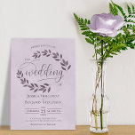 Rustic Dusty Paarse Leaves Elegant Lila Wedding Kaart<br><div class="desc">Deze prachtige trouwuitnodiging is voorzien van een stijlvol design met tapijten van stoffige paarse waterverf bladeren en een modern schrift op een gemarmerde lavender of lila gekleurde achtergrond. Deze uitnodigingen zijn verfijnd,  klassiek en chic en zullen stijl en genade toevoegen aan je trouwfeest.</div>